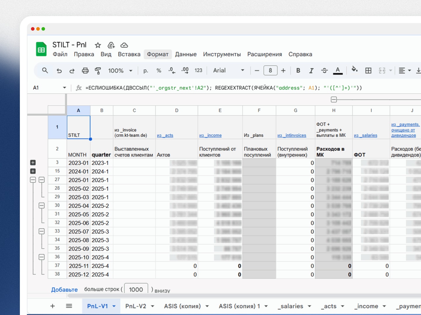 OSNO-VA: управленческий P&L в Google Sheets с выручкой, расходами и ФОТ по месяцам